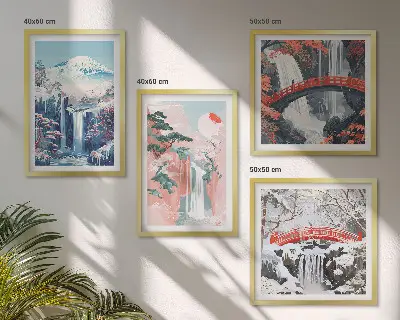 Conjunto de 4 quadros com moldura com paisagens de cachoeiras, montanhas, ponte e árvores