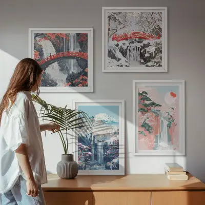 Conjunto de 4 quadros com moldura com paisagens de cachoeiras, montanhas, ponte e árvores