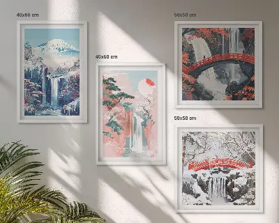 Conjunto de 4 quadros com moldura com paisagens de cachoeiras, montanhas, ponte e árvores