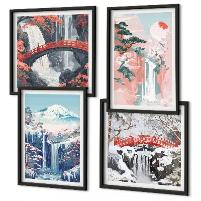 Conjunto de 4 quadros com moldura com paisagens de cachoeiras, montanhas, ponte e árvores