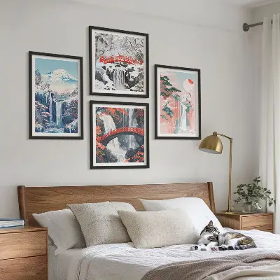 Conjunto de 4 quadros com moldura com paisagens de cachoeiras, montanhas, ponte e árvores