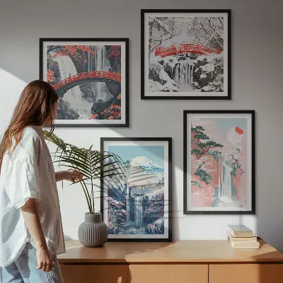 Conjunto de 4 quadros com moldura com paisagens de cachoeiras, montanhas, ponte e árvores