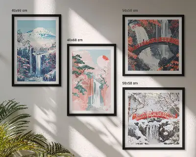 Conjunto de 4 quadros com moldura com paisagens de cachoeiras, montanhas, ponte e árvores