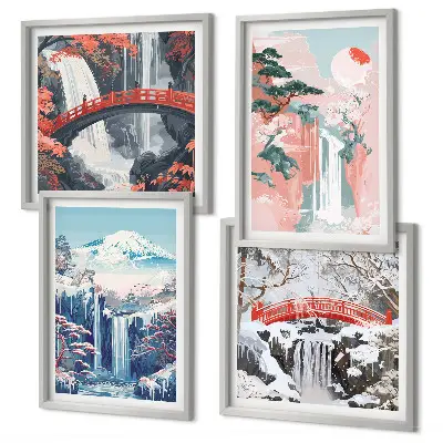 Conjunto de 4 quadros com moldura com paisagens de cachoeiras, montanhas, ponte e árvores