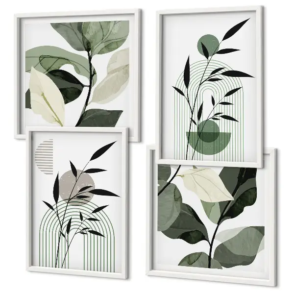 Conjunto de 4 quadros com moldura com composições de plantas boho