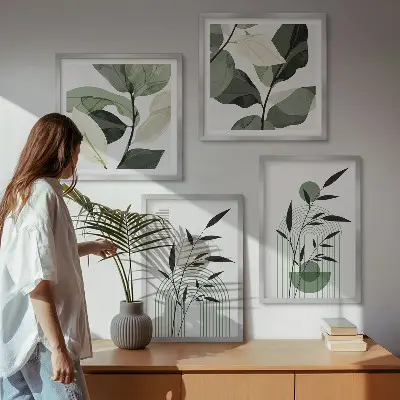 Conjunto de 4 quadros com moldura com composições de plantas boho