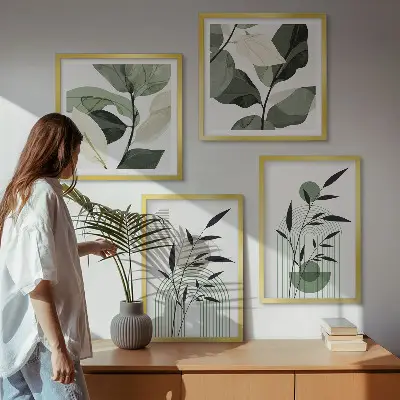 Conjunto de 4 quadros com moldura com composições de plantas boho