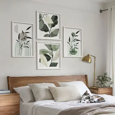 Conjunto de 4 quadros com moldura com composições de plantas boho