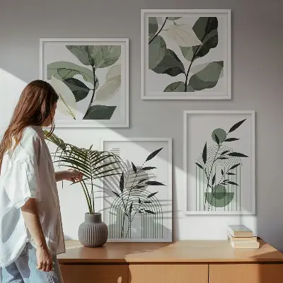 Conjunto de 4 quadros com moldura com composições de plantas boho