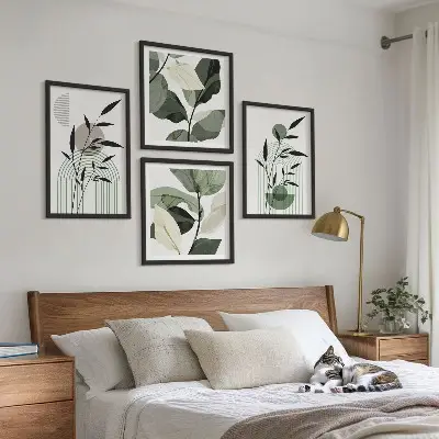 Conjunto de 4 quadros com moldura com composições de plantas boho