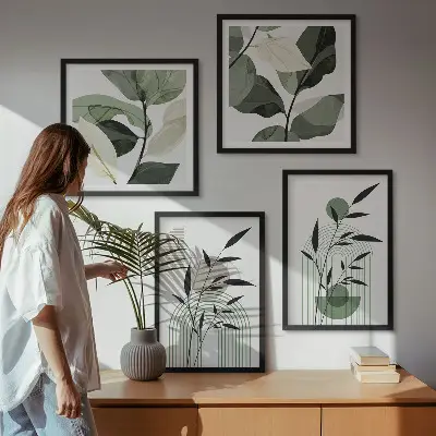 Conjunto de 4 quadros com moldura com composições de plantas boho