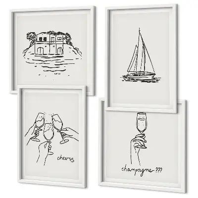 Composição de quadros com casa na água, veleiro e brinde