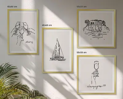 Composição de quadros com casa na água, veleiro e brinde