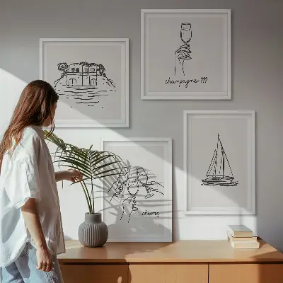 Composição de quadros com casa na água, veleiro e brinde