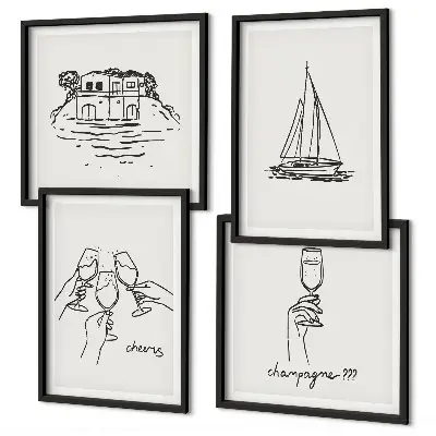 Composição de quadros com casa na água, veleiro e brinde
