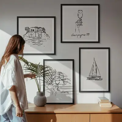 Composição de quadros com casa na água, veleiro e brinde