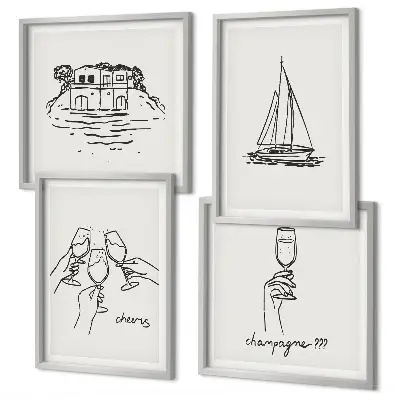 Composição de quadros com casa na água, veleiro e brinde
