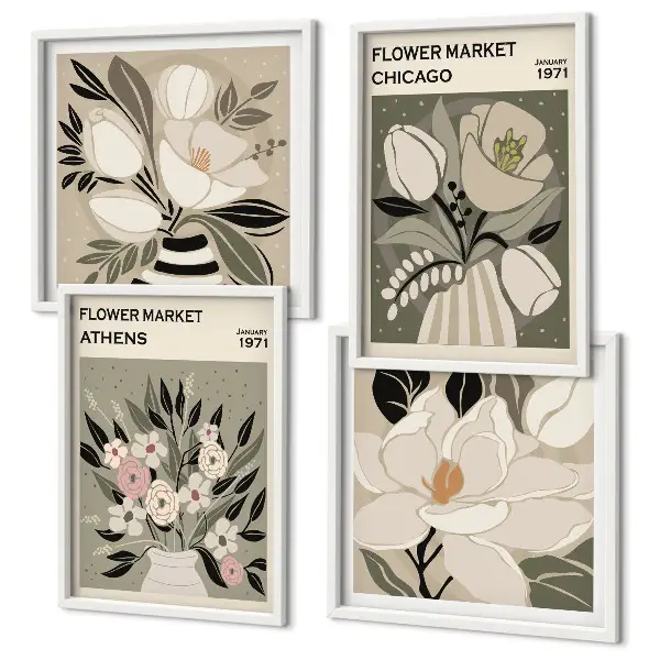 Conjunto de 4 quadros com moldura com estampas florais retrô de diferentes cidades