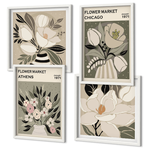 Conjunto de 4 quadros com moldura Estampas florais retrô de diferentes cidades