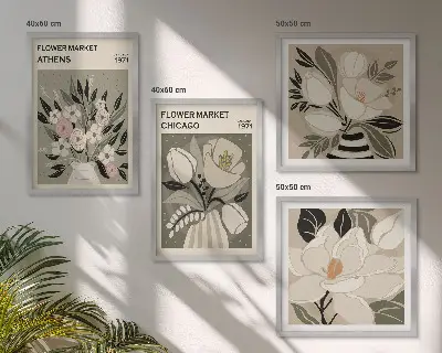 Conjunto de 4 quadros com moldura com estampas florais retrô de diferentes cidades