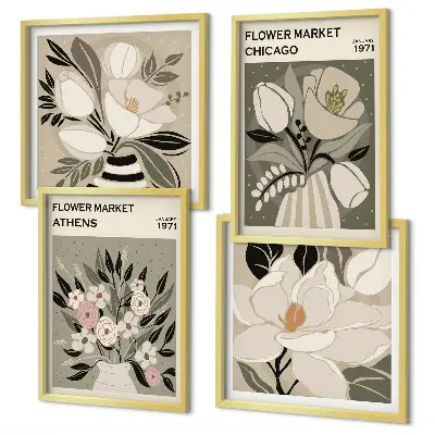 Conjunto de 4 quadros com moldura com estampas florais retrô de diferentes cidades