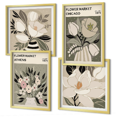 Conjunto de 4 quadros com moldura Estampas florais retrô de diferentes cidades