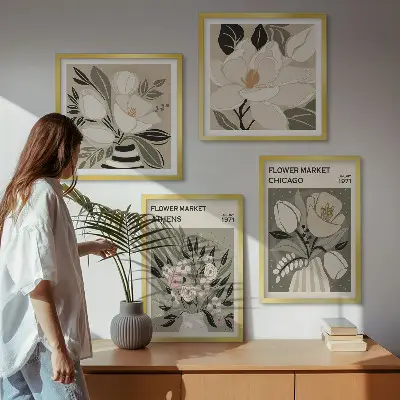 Conjunto de 4 quadros com moldura com estampas florais retrô de diferentes cidades