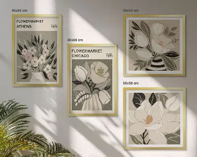 Conjunto de 4 quadros com moldura com estampas florais retrô de diferentes cidades