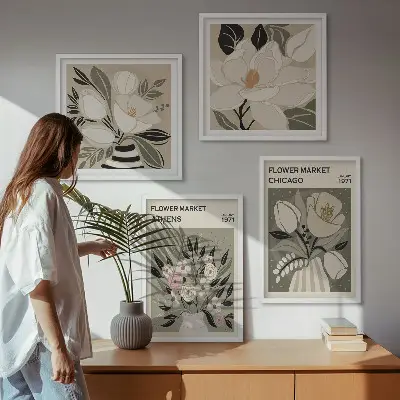 Conjunto de 4 quadros com moldura com estampas florais retrô de diferentes cidades