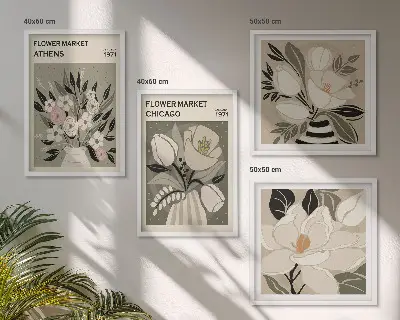 Conjunto de 4 quadros com moldura com estampas florais retrô de diferentes cidades