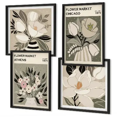 Conjunto de 4 quadros com moldura com estampas florais retrô de diferentes cidades
