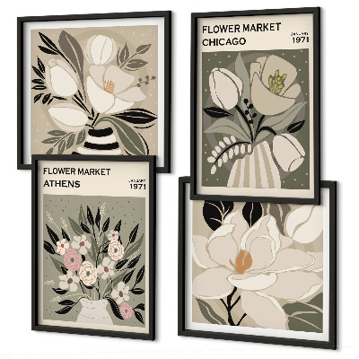 Conjunto de 4 quadros com moldura Estampas florais retrô de diferentes cidades