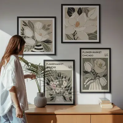 Conjunto de 4 quadros com moldura com estampas florais retrô de diferentes cidades