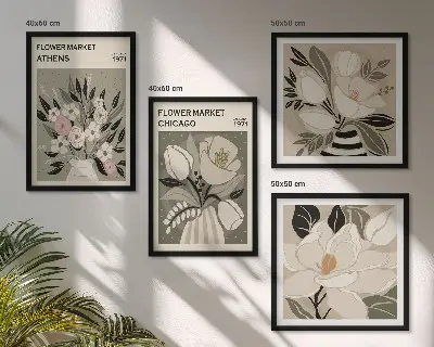 Conjunto de 4 quadros com moldura com estampas florais retrô de diferentes cidades