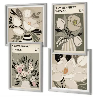 Conjunto de 4 quadros com moldura com estampas florais retrô de diferentes cidades