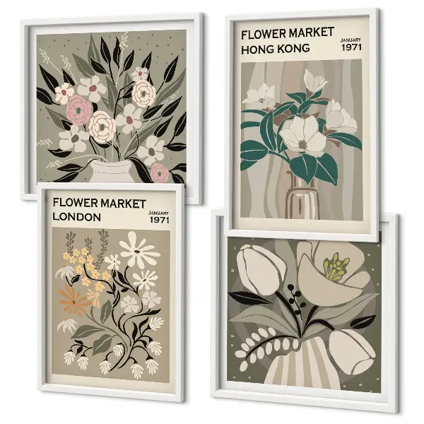 Políptico com moldura ilustrações florais Londres e Hong Kong
