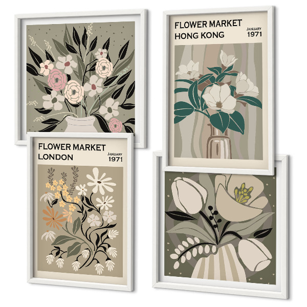 Políptico com moldura Ilustrações florais Londres Hong Kong
