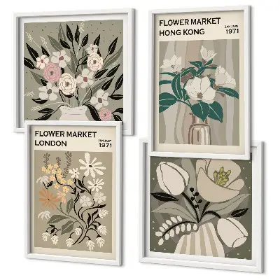 Políptico com moldura ilustrações florais Londres e Hong Kong
