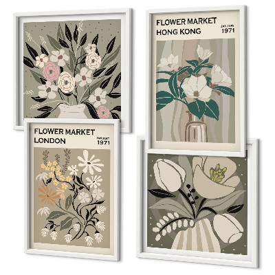 Políptico com moldura Ilustrações florais Londres Hong Kong
