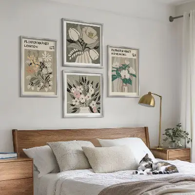 Políptico com moldura ilustrações florais Londres e Hong Kong