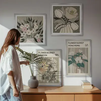 Políptico com moldura ilustrações florais Londres e Hong Kong