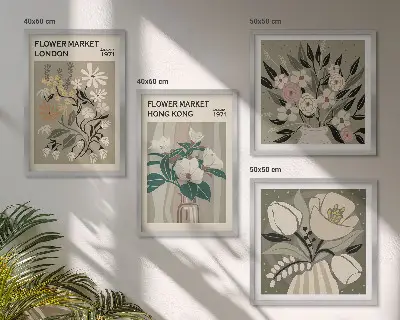 Políptico com moldura ilustrações florais Londres e Hong Kong