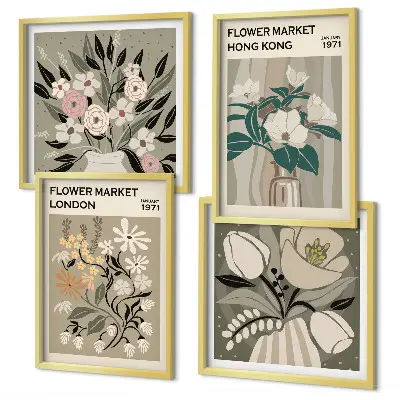 Políptico com moldura ilustrações florais Londres e Hong Kong