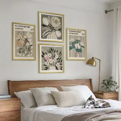 Políptico com moldura ilustrações florais Londres e Hong Kong