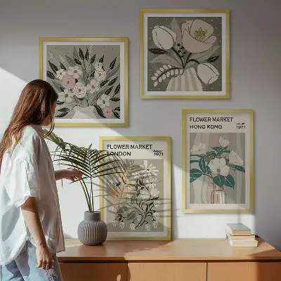 Políptico com moldura ilustrações florais Londres e Hong Kong