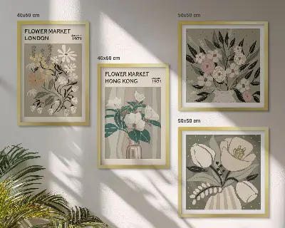 Políptico com moldura ilustrações florais Londres e Hong Kong