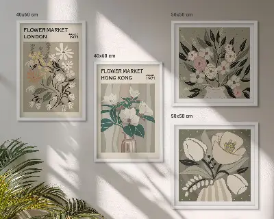 Políptico com moldura ilustrações florais Londres e Hong Kong