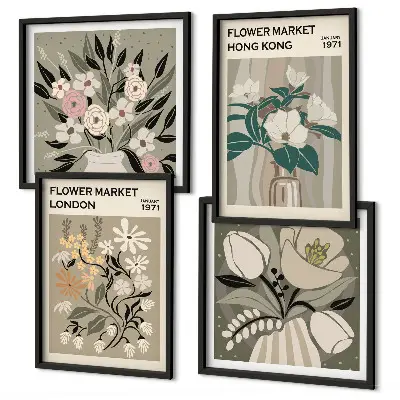 Políptico com moldura ilustrações florais Londres e Hong Kong