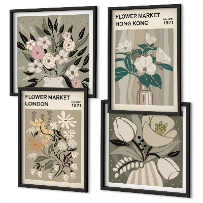 Políptico com moldura Ilustrações florais Londres Hong Kong