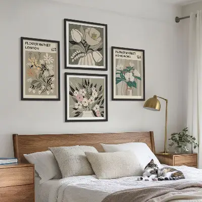 Políptico com moldura ilustrações florais Londres e Hong Kong